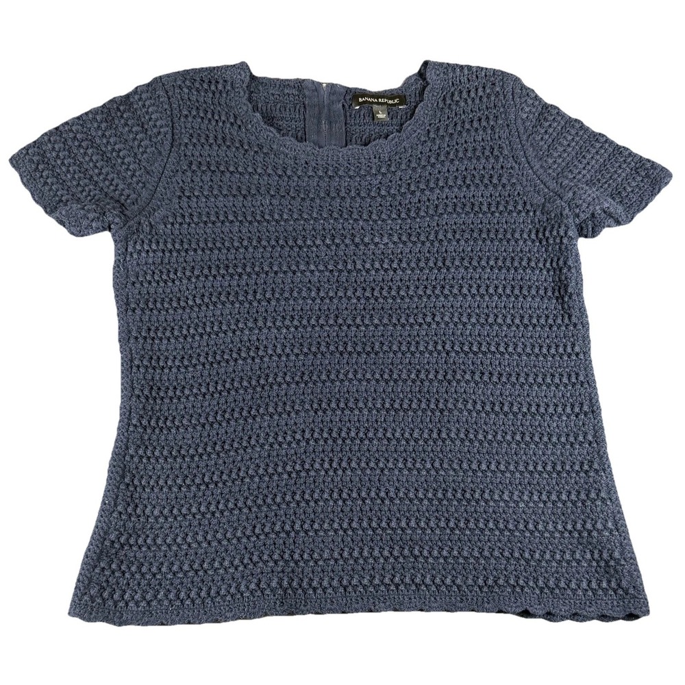 Banana Republic Sweater Womens Large Blue Crochet Knit Short Sleeve Zip Back